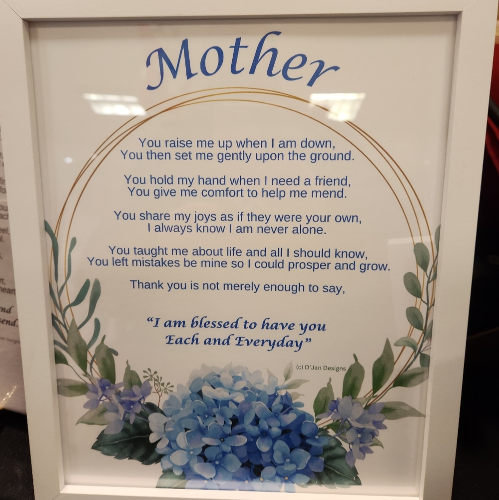 Mother's poem, original poem, Blue and Purple floral design, 8x10 Framed